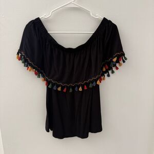Kim & Cami Off the Shoulder Top Shirt Fringe Multi Colored S Stretch